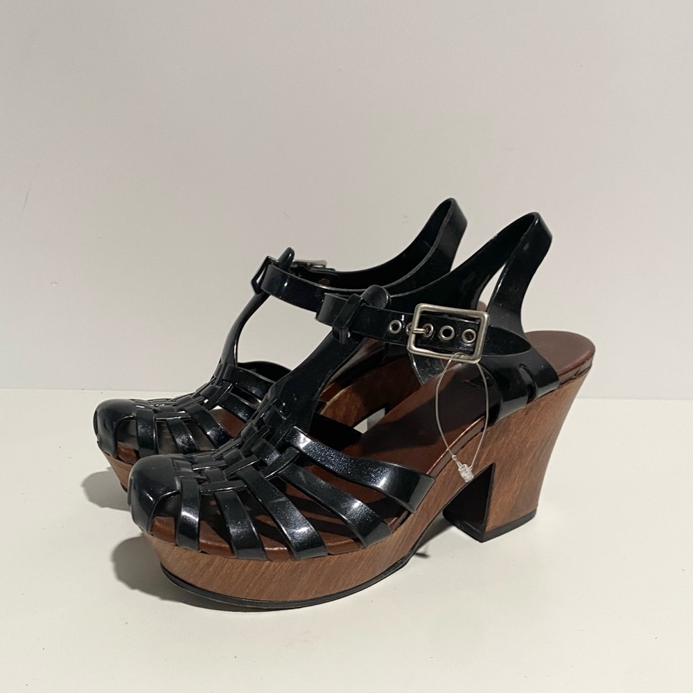 Marc Jacobs Platform Wooden Jelly Fisherman Heel Sandal 37 Block Black - Picture 3 of 11